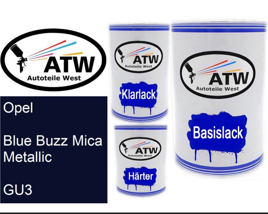 Opel, Blue Buzz Mica Metallic, GU3: 500ml Lackdose + 500ml Klarlack + 250ml Härter - Set, von ATW Autoteile West.